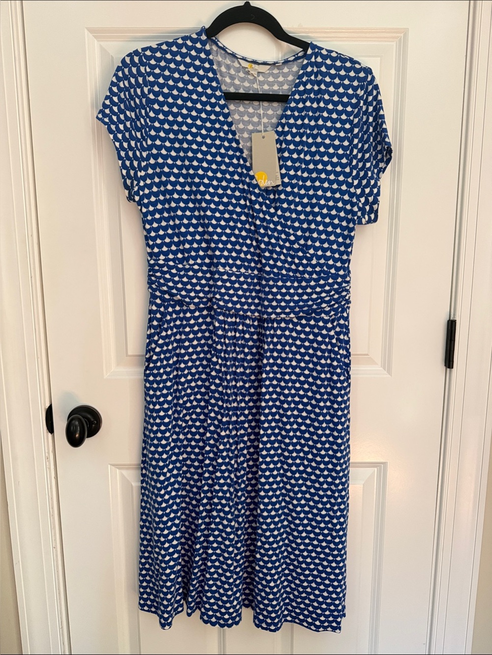 Boden Blue and White Geometric Faux-Wrap Dress
